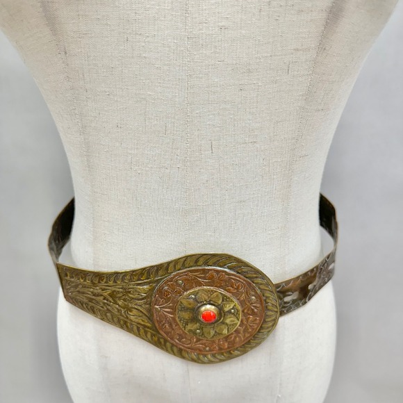 Vintage Brass & Copper Etched Metal Belt  Red Cabochon Centerpiece Made in India main image 6